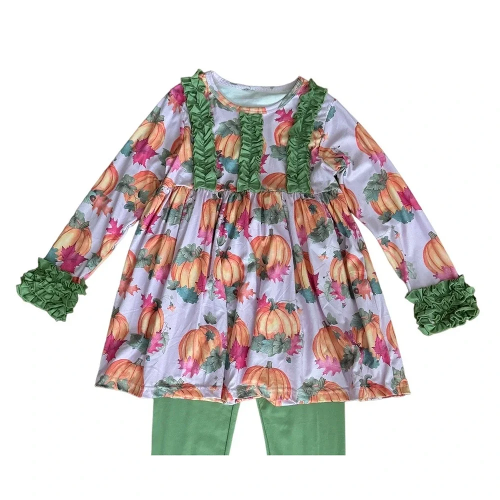NWOT Pumpkin Leaf Fall Autumn Orange Crush Print Ruffle Top, leggings Set age 3T